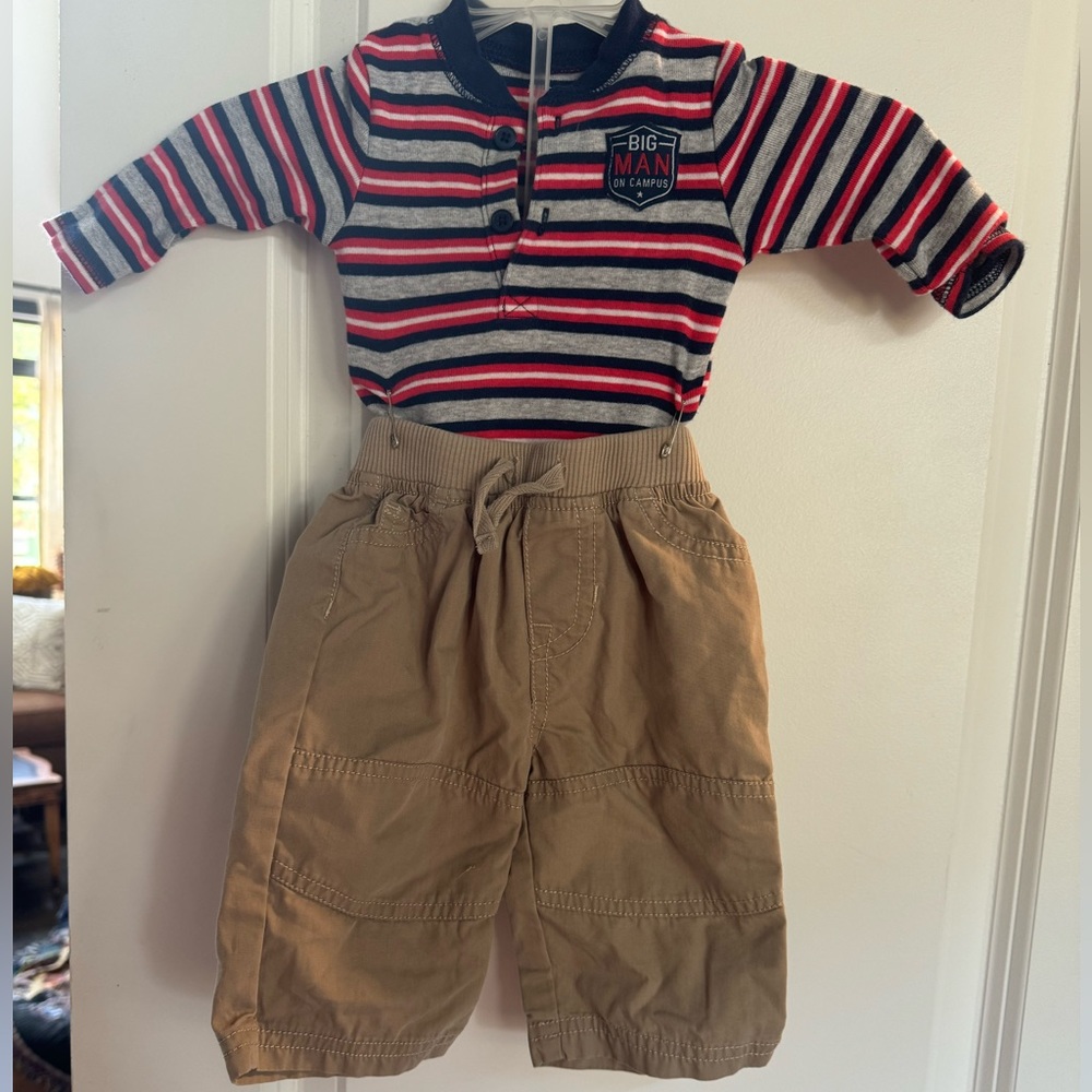 3 months outfit big man on campus Carter’s onesie and Cherokee khakis